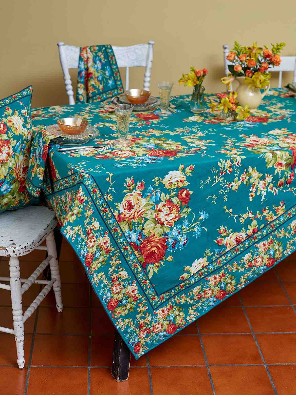 April Cornell 60x90 Tablecloth  Cottage Rose Teal, Grate Kitchen Shoppe